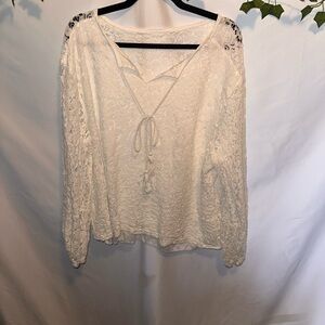 Cream Lace Tie-Front Blouse with Long Lace Sleeves